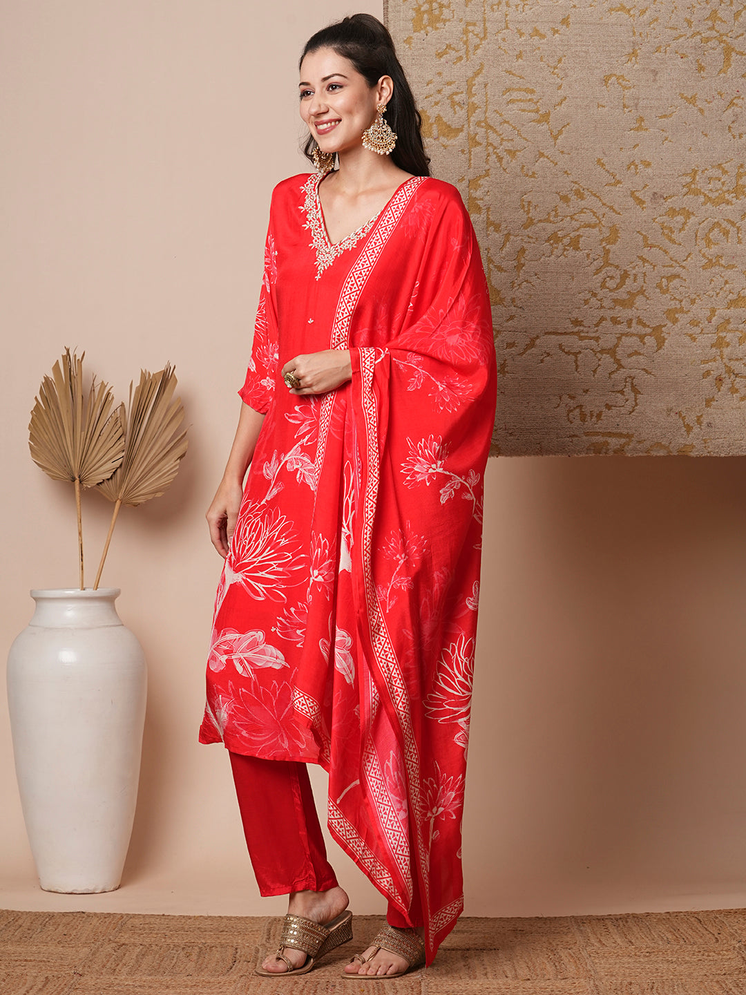 Ethnic Floral Printed & Embroidered Straight Fit Kurta with Pant & Dupatta - Red