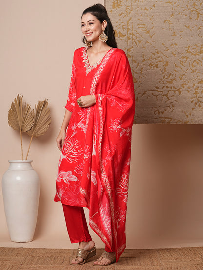 Ethnic Floral Printed & Embroidered Straight Fit Kurta with Pant & Dupatta - Red