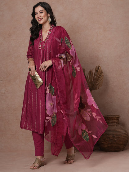 Solid Floral Embroidered A-Line Kurta with Pant & Patchwork Dupatta - Mauve