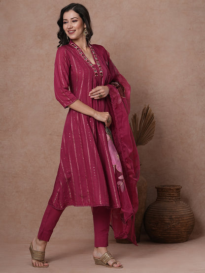 Solid Floral Embroidered A-Line Kurta with Pant & Patchwork Dupatta - Mauve