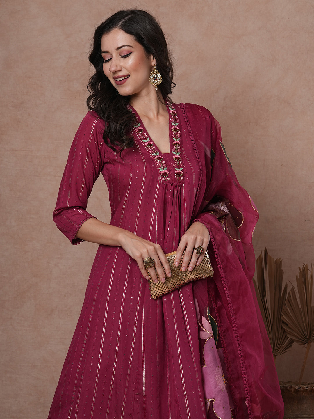 Solid Floral Embroidered A-Line Kurta with Pant & Patchwork Dupatta - Mauve