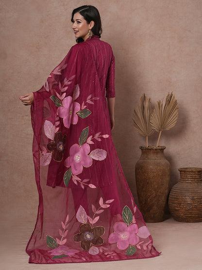 Solid Floral Embroidered A-Line Kurta with Pant & Patchwork Dupatta - Mauve