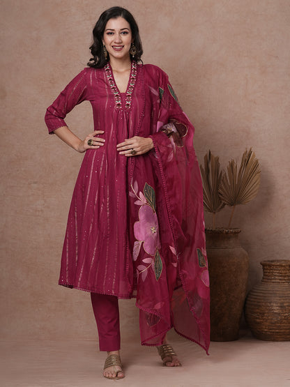 Solid Floral Embroidered A-Line Kurta with Pant & Patchwork Dupatta - Mauve