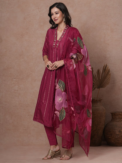 Solid Floral Embroidered A-Line Kurta with Pant & Patchwork Dupatta - Mauve