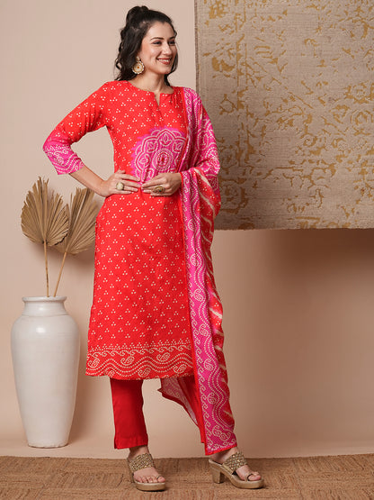 Bandhani Printed & Embroidered Straight Kurta with Pant & Dupatta - Coral Red