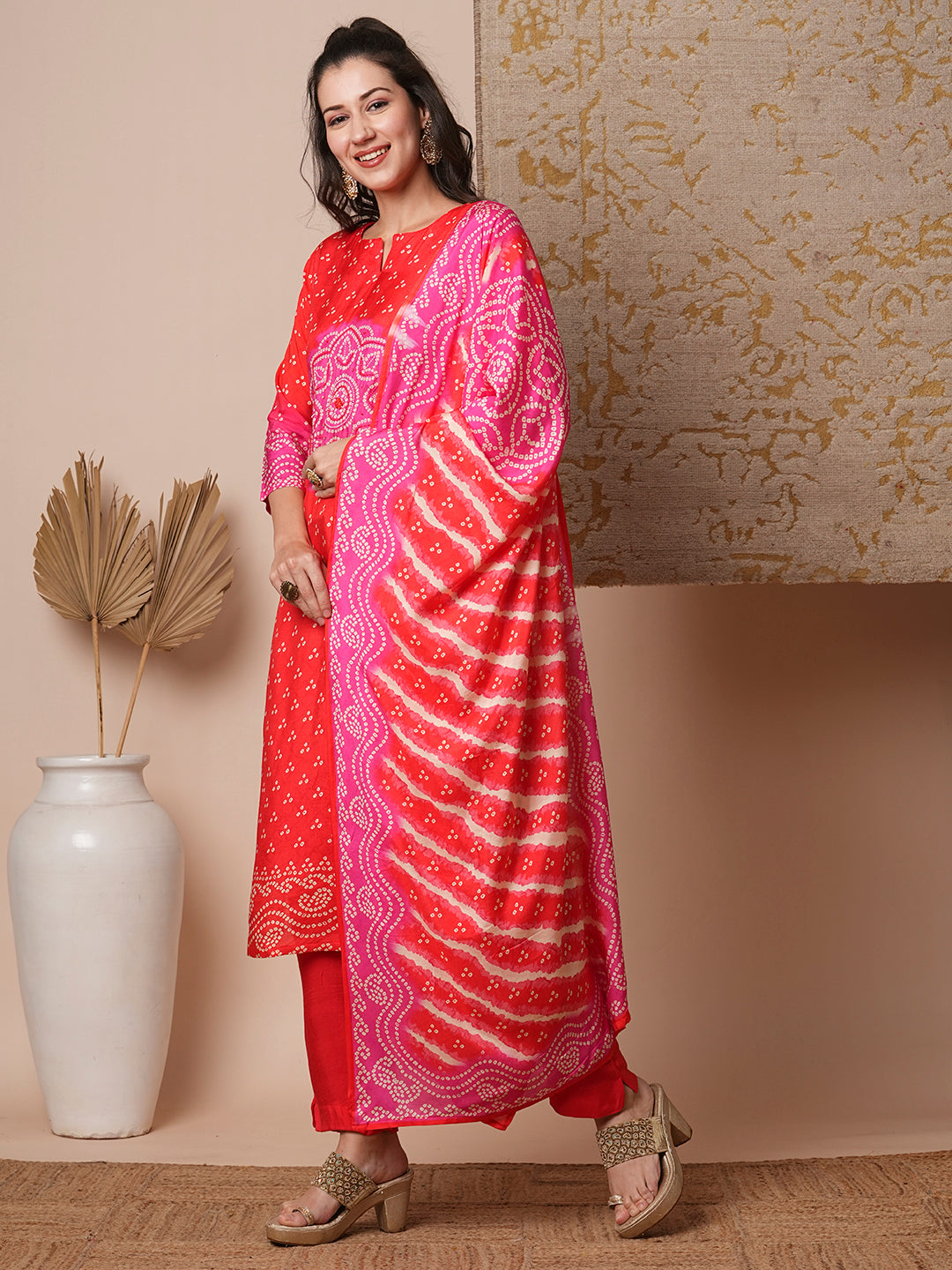 Bandhani Printed & Embroidered Straight Kurta with Pant & Dupatta - Coral Red