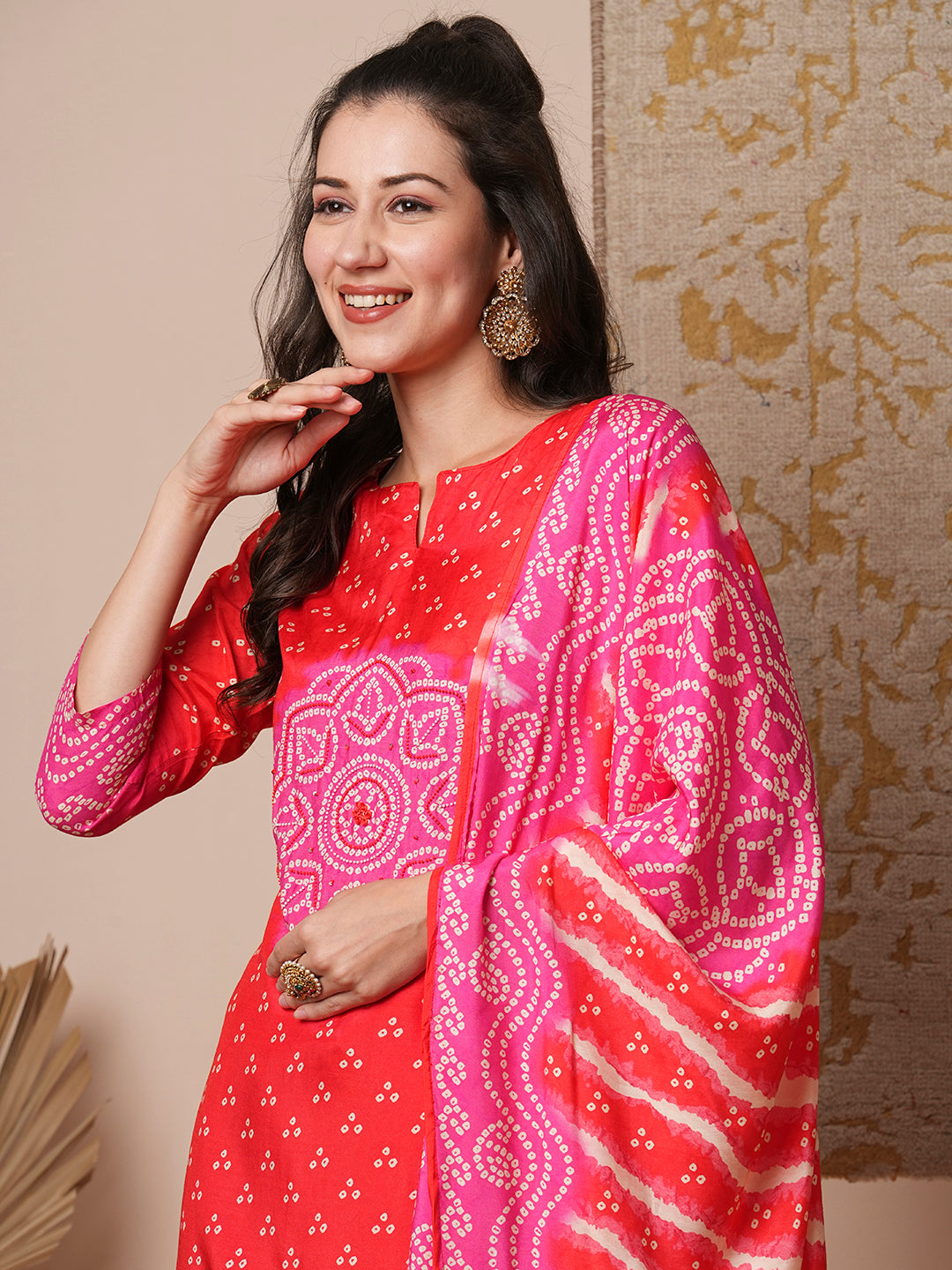 Bandhani Printed & Embroidered Straight Kurta with Pant & Dupatta - Coral Red