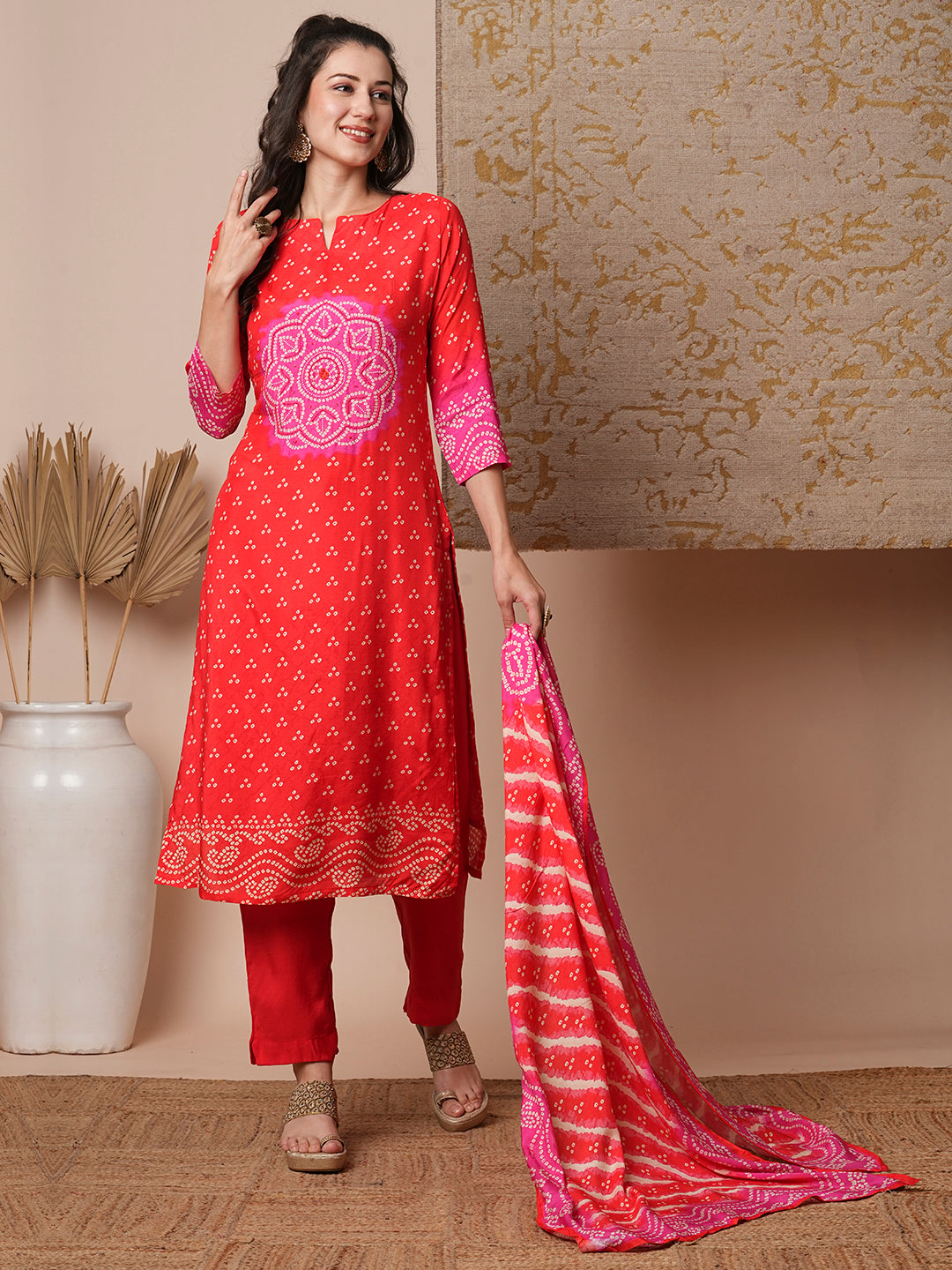 Bandhani Printed & Embroidered Straight Kurta with Pant & Dupatta - Coral Red