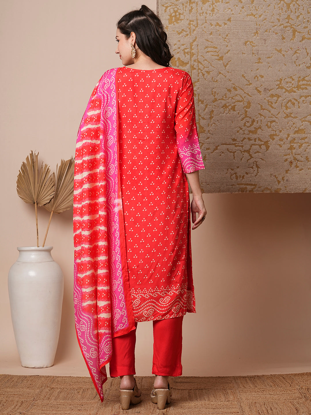 Bandhani Printed & Embroidered Straight Kurta with Pant & Dupatta - Coral Red