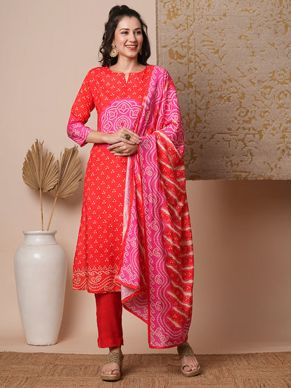 Bandhani Printed & Embroidered Straight Kurta with Pant & Dupatta - Coral Red