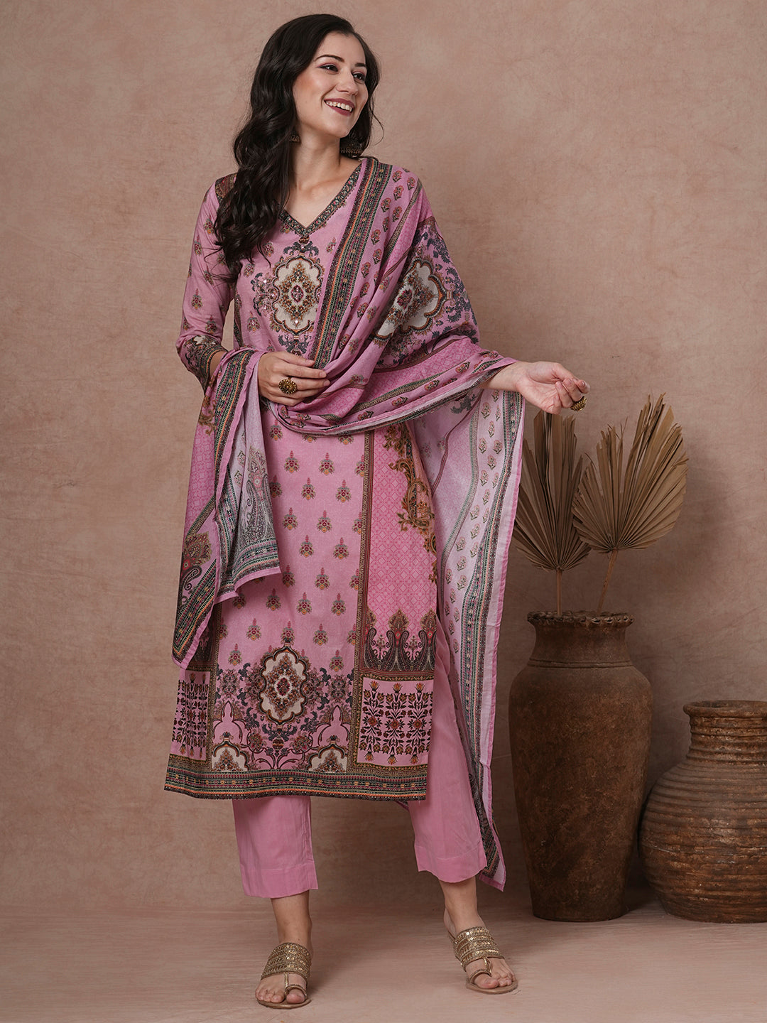 Floral Printed & Embroidered Straight Kurta with Pant & Dupatta - Pink