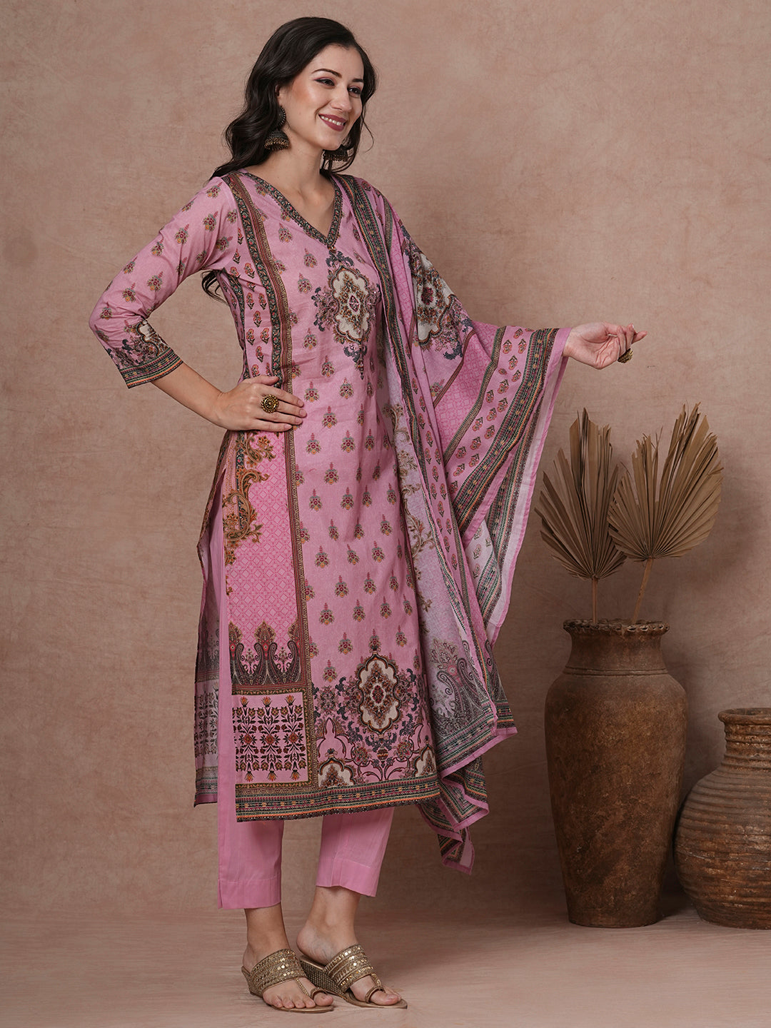 Floral Printed & Embroidered Straight Kurta with Pant & Dupatta - Pink