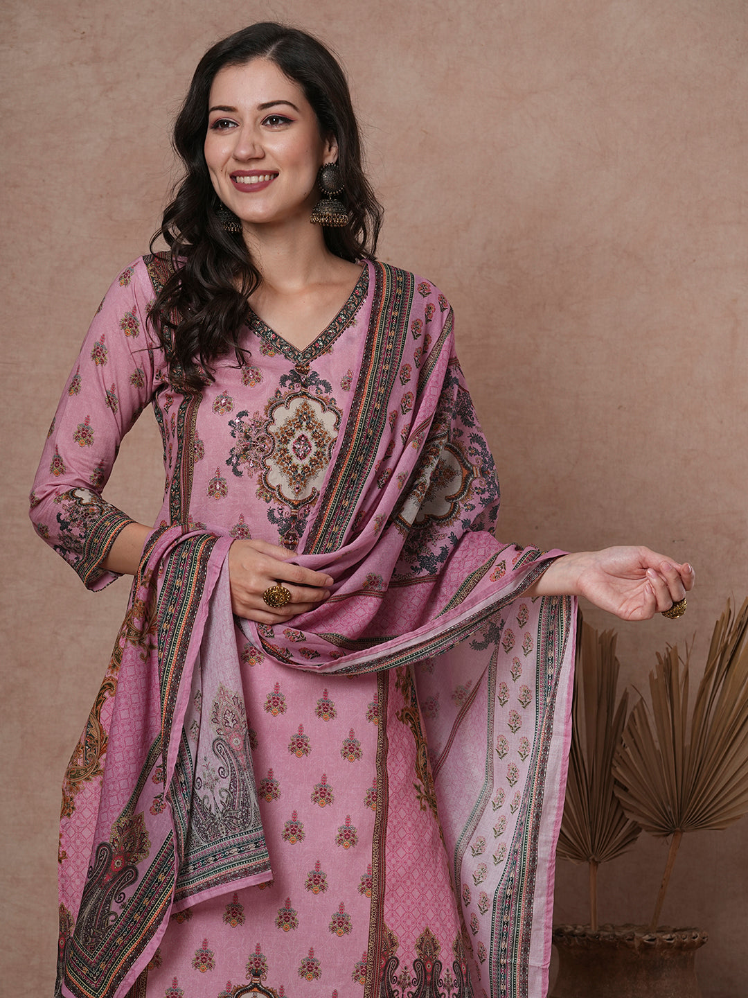 Floral Printed & Embroidered Straight Kurta with Pant & Dupatta - Pink