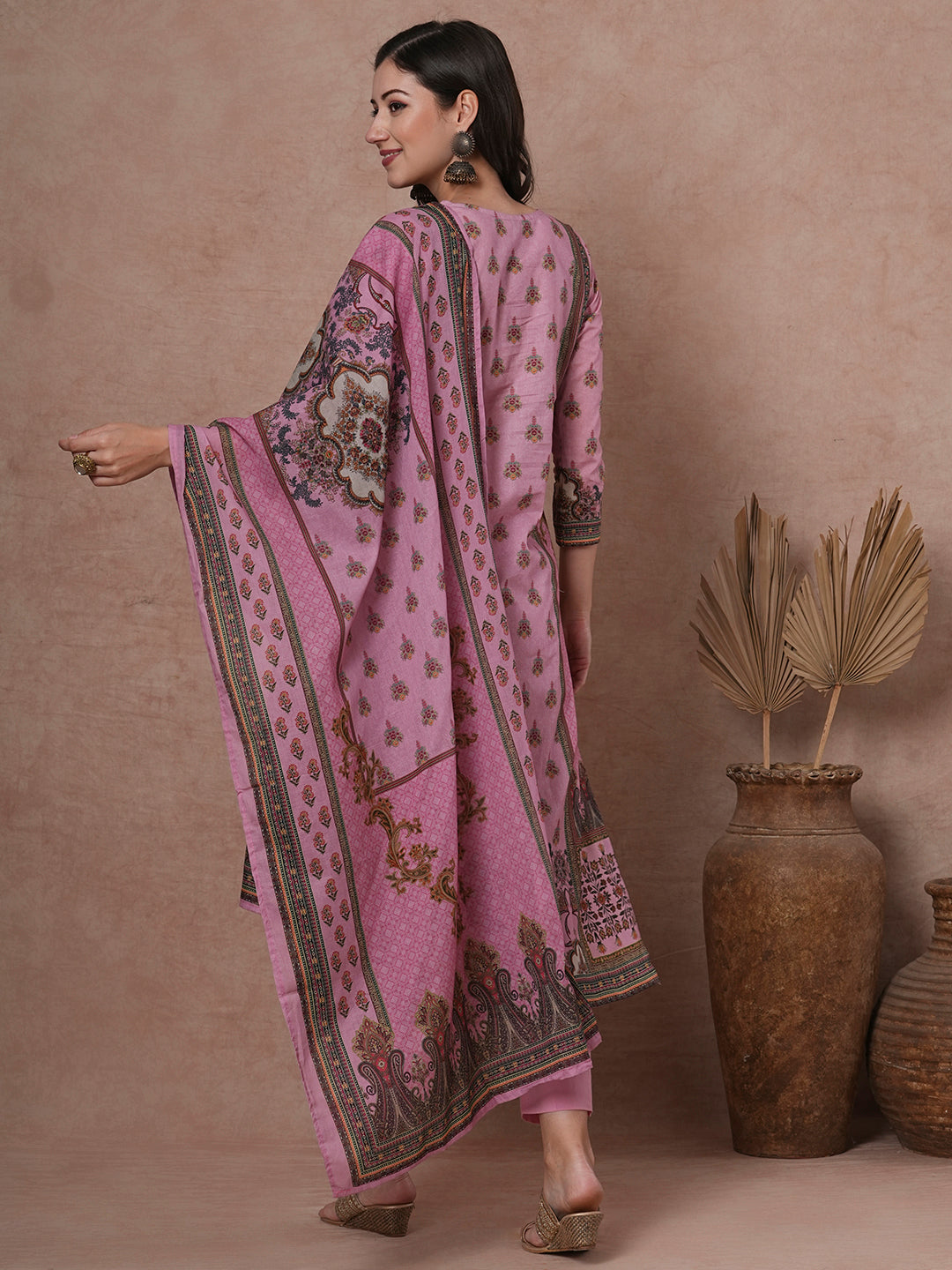 Floral Printed & Embroidered Straight Kurta with Pant & Dupatta - Pink