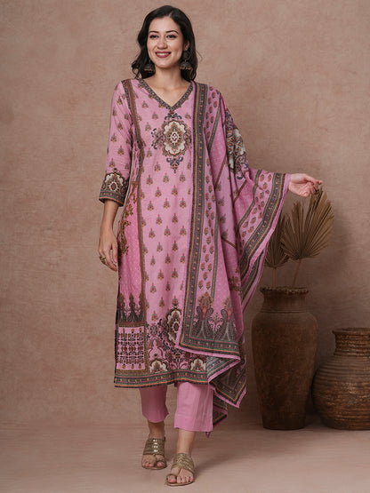 Floral Printed & Embroidered Straight Kurta with Pant & Dupatta - Pink