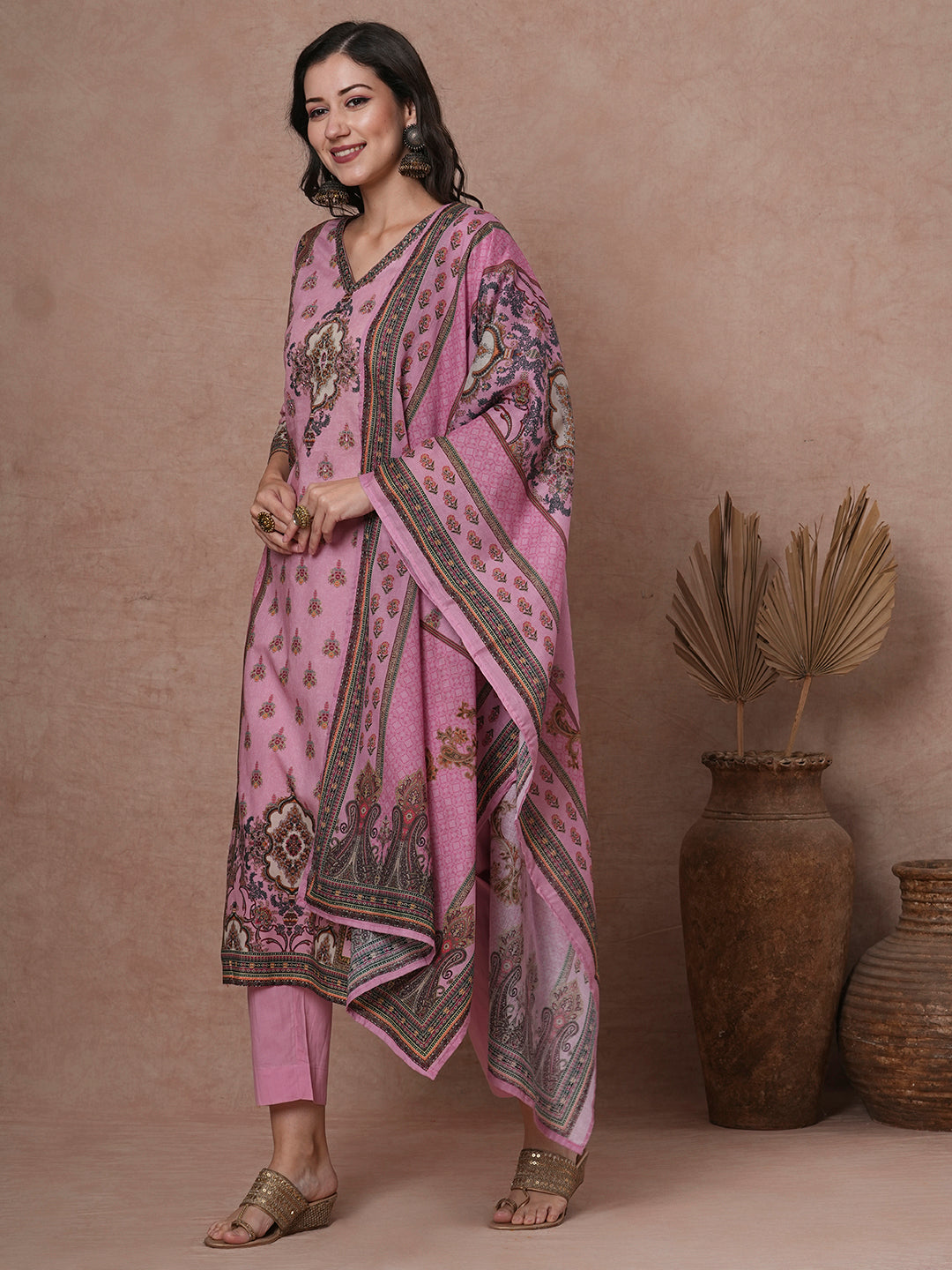 Floral Printed & Embroidered Straight Kurta with Pant & Dupatta - Pink