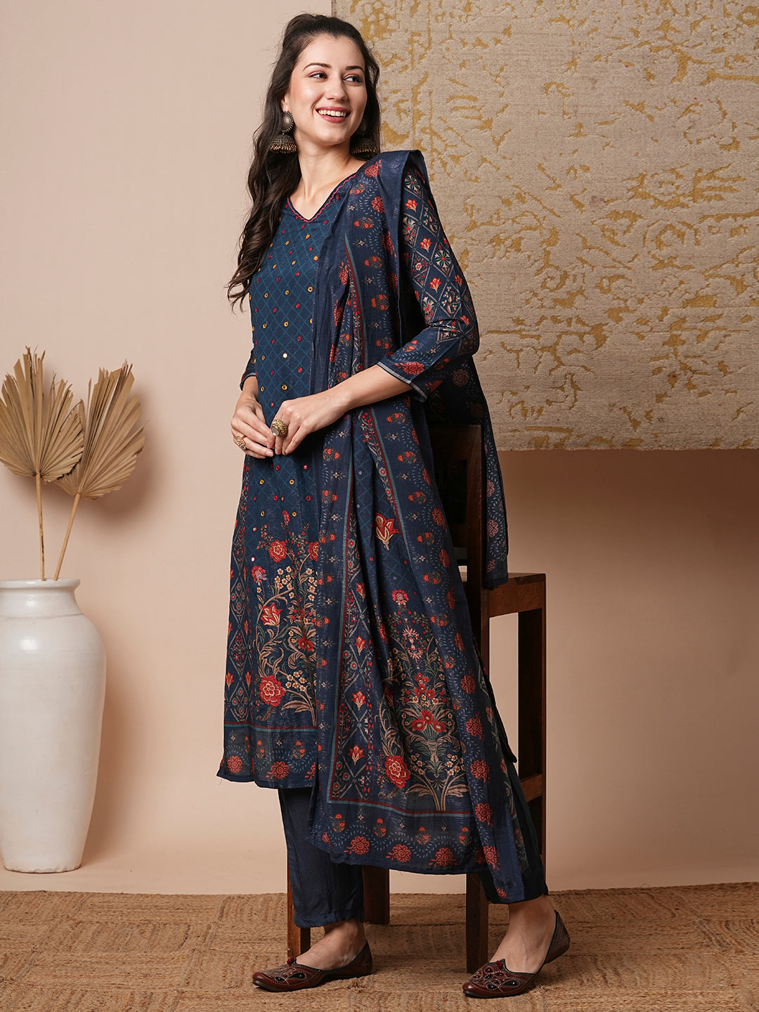 Ethnic Printed & Embroidered Straight Fit Kurta with Pant & Dupatta - Blue