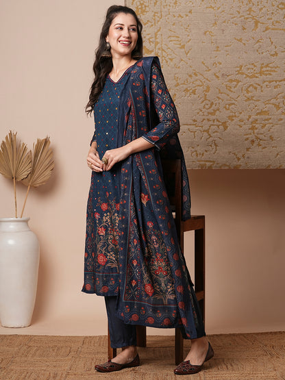 Ethnic Printed & Embroidered Straight Fit Kurta with Pant & Dupatta - Blue