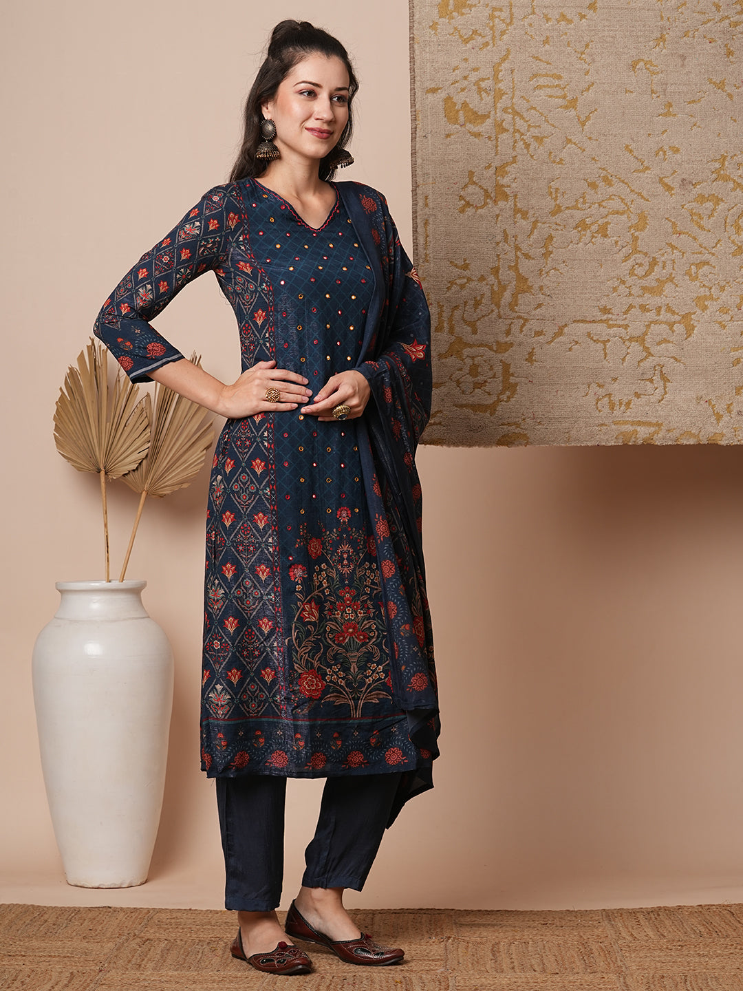 Ethnic Printed & Embroidered Straight Fit Kurta with Pant & Dupatta - Blue