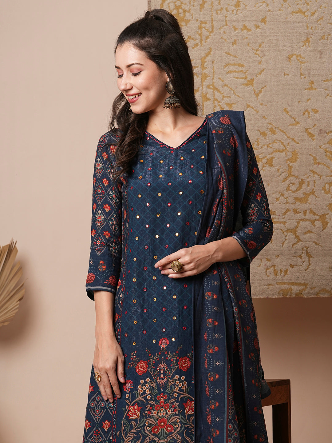 Ethnic Printed & Embroidered Straight Fit Kurta with Pant & Dupatta - Blue