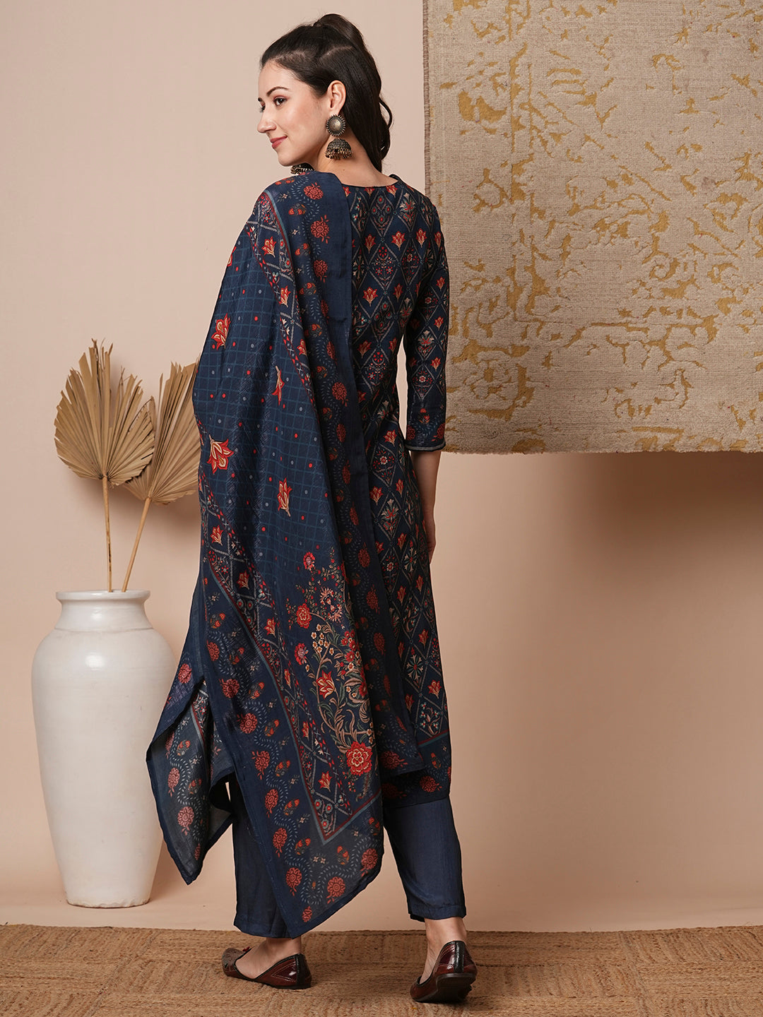 Ethnic Printed & Embroidered Straight Fit Kurta with Pant & Dupatta - Blue