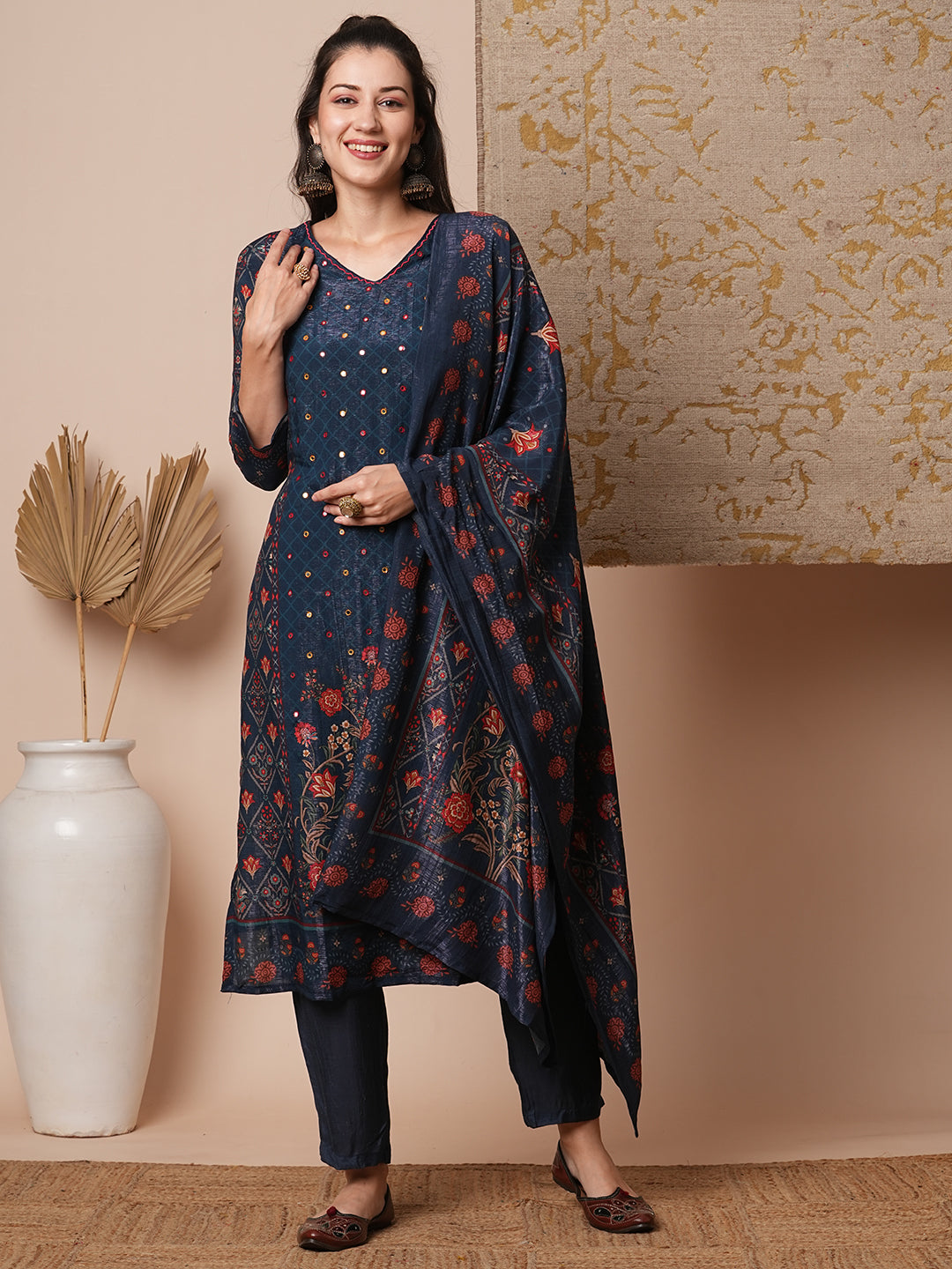 Ethnic Printed & Embroidered Straight Fit Kurta with Pant & Dupatta - Blue