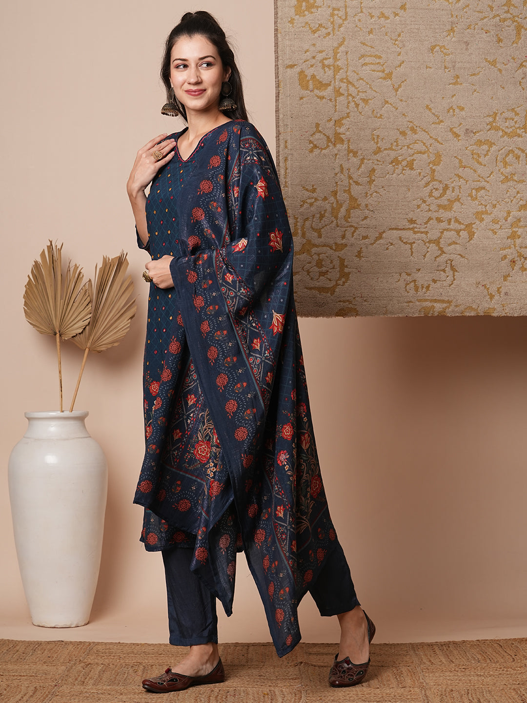 Ethnic Printed & Embroidered Straight Fit Kurta with Pant & Dupatta - Blue