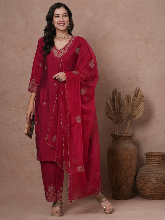 Solid Floral Embroidered Straight Fit Kurta with Palazzo & Dupatta - Cherry Red