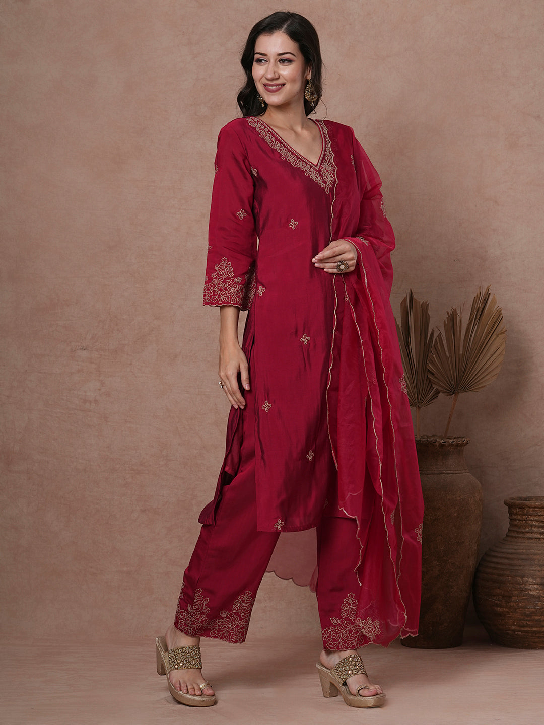 Solid Floral Embroidered Straight Fit Kurta with Palazzo & Dupatta - Cherry Red