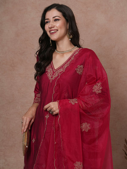 Solid Floral Embroidered Straight Fit Kurta with Palazzo & Dupatta - Cherry Red