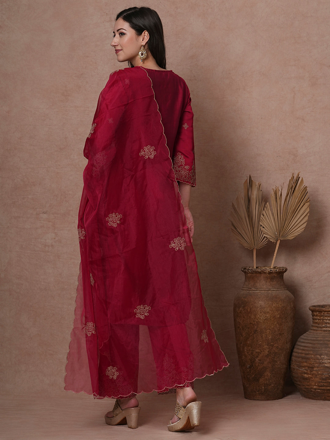 Solid Floral Embroidered Straight Fit Kurta with Palazzo & Dupatta - Cherry Red