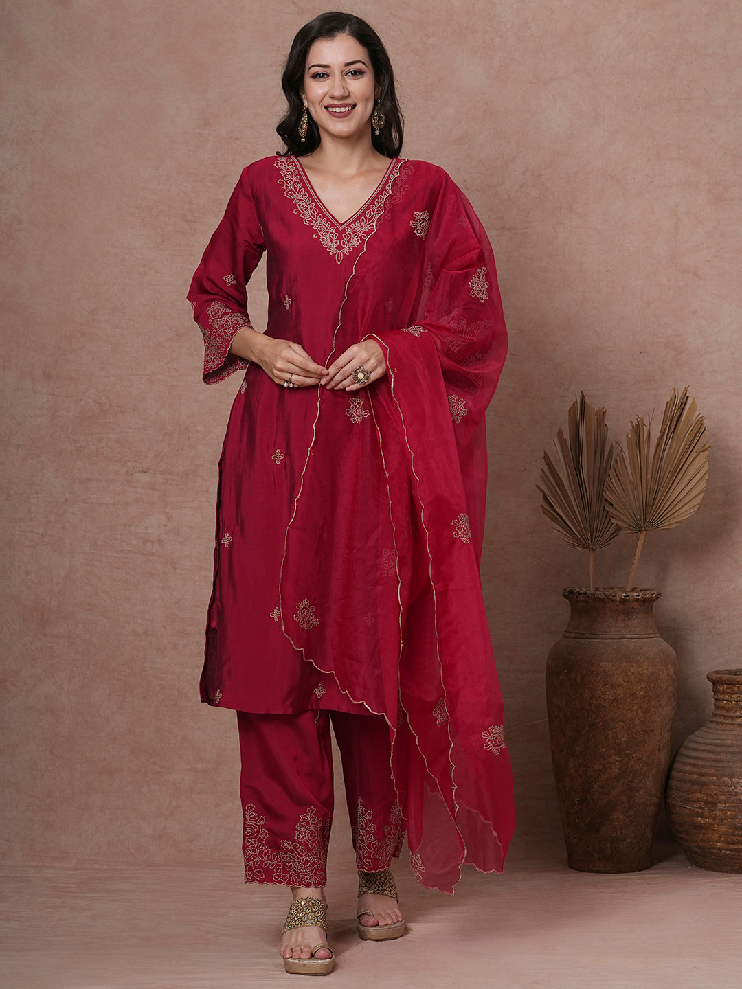 Solid Floral Embroidered Straight Fit Kurta with Palazzo & Dupatta - Cherry Red