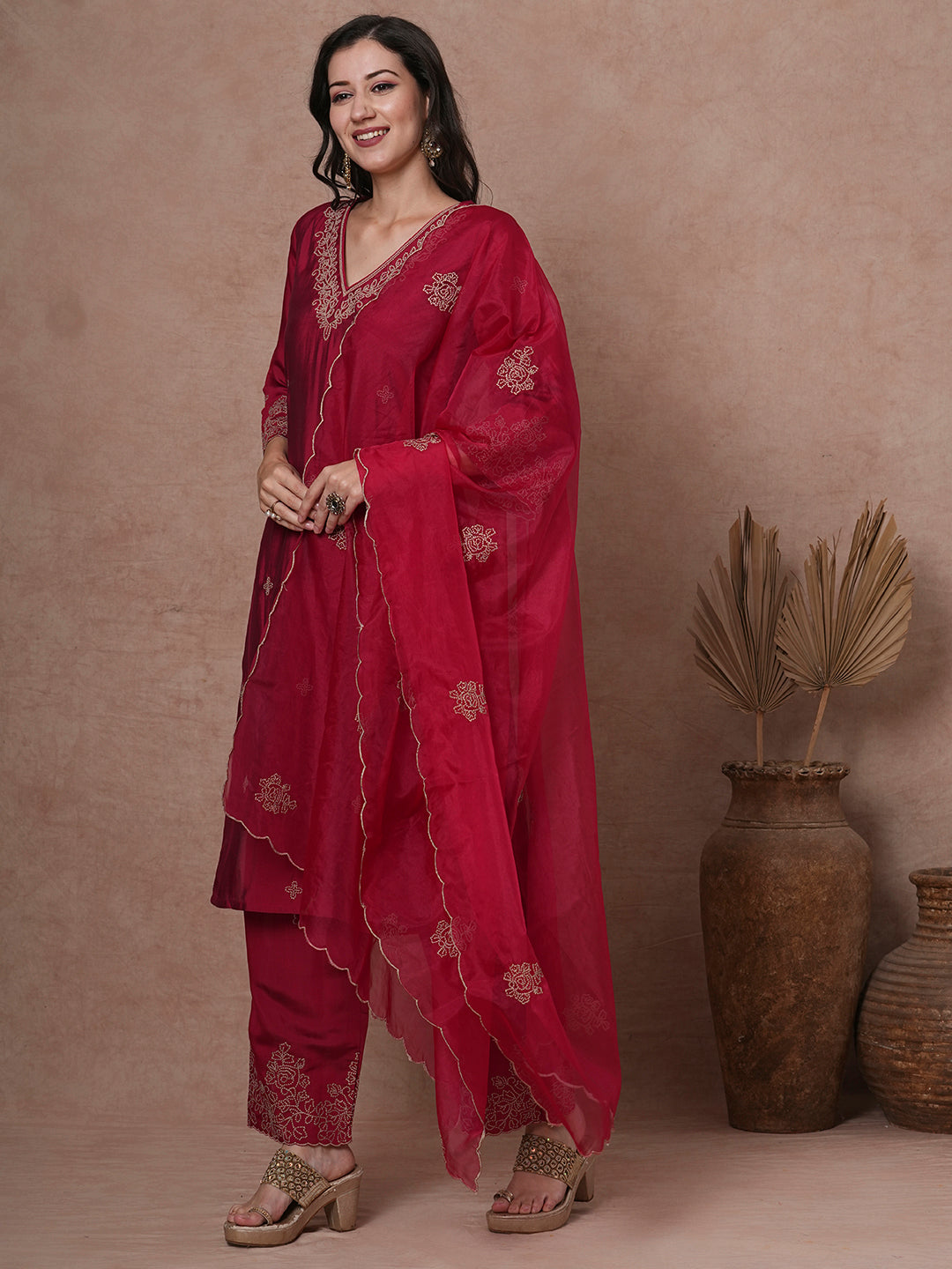 Solid Floral Embroidered Straight Fit Kurta with Palazzo & Dupatta - Cherry Red