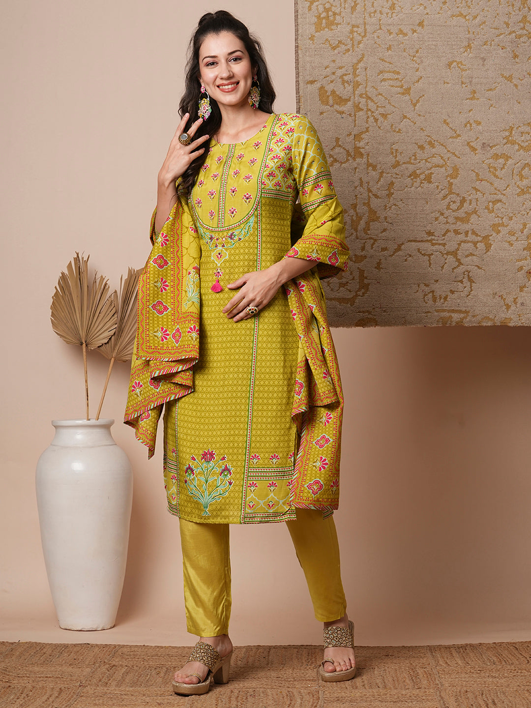 Ethnic Printed & Embroidered Straight Fit Kurta with Pant & Dupatta - Lime Green