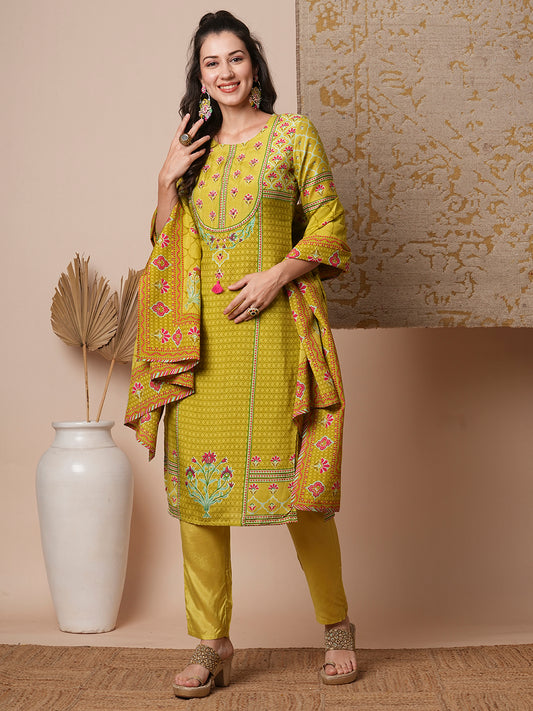 Ethnic Printed & Embroidered Straight Fit Kurta with Pant & Dupatta - Lime Green