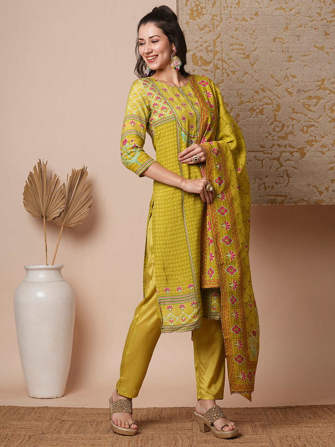 Ethnic Printed & Embroidered Straight Fit Kurta with Pant & Dupatta - Lime Green