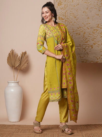 Ethnic Printed & Embroidered Straight Fit Kurta with Pant & Dupatta - Lime Green