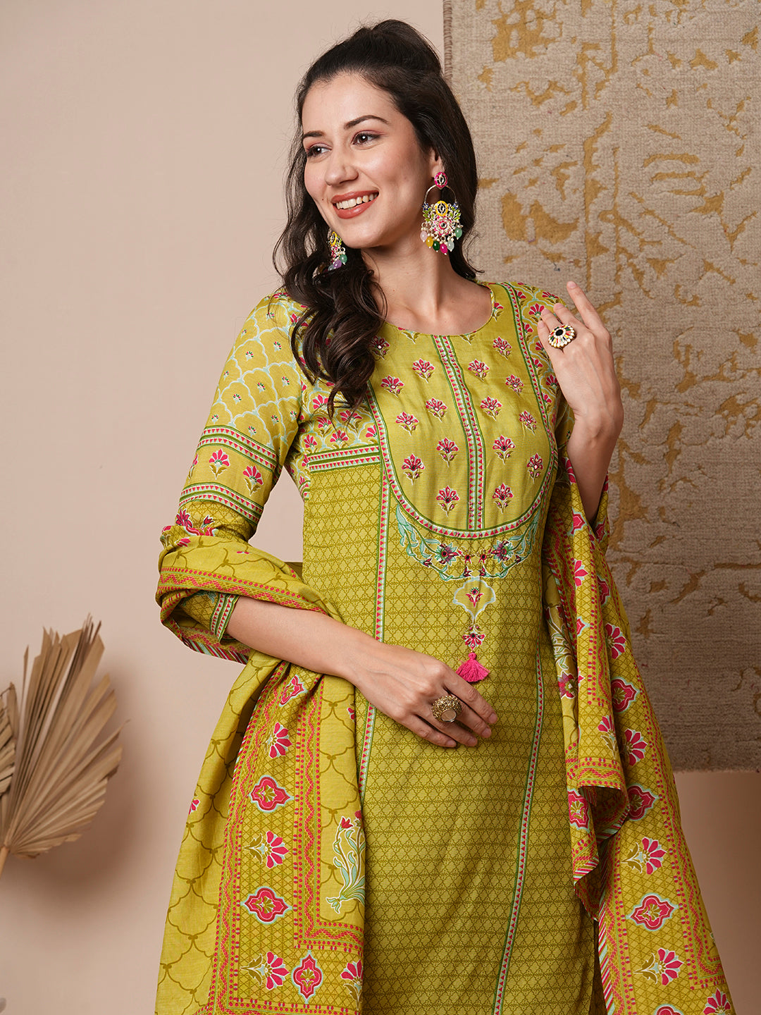 Ethnic Printed & Embroidered Straight Fit Kurta with Pant & Dupatta - Lime Green