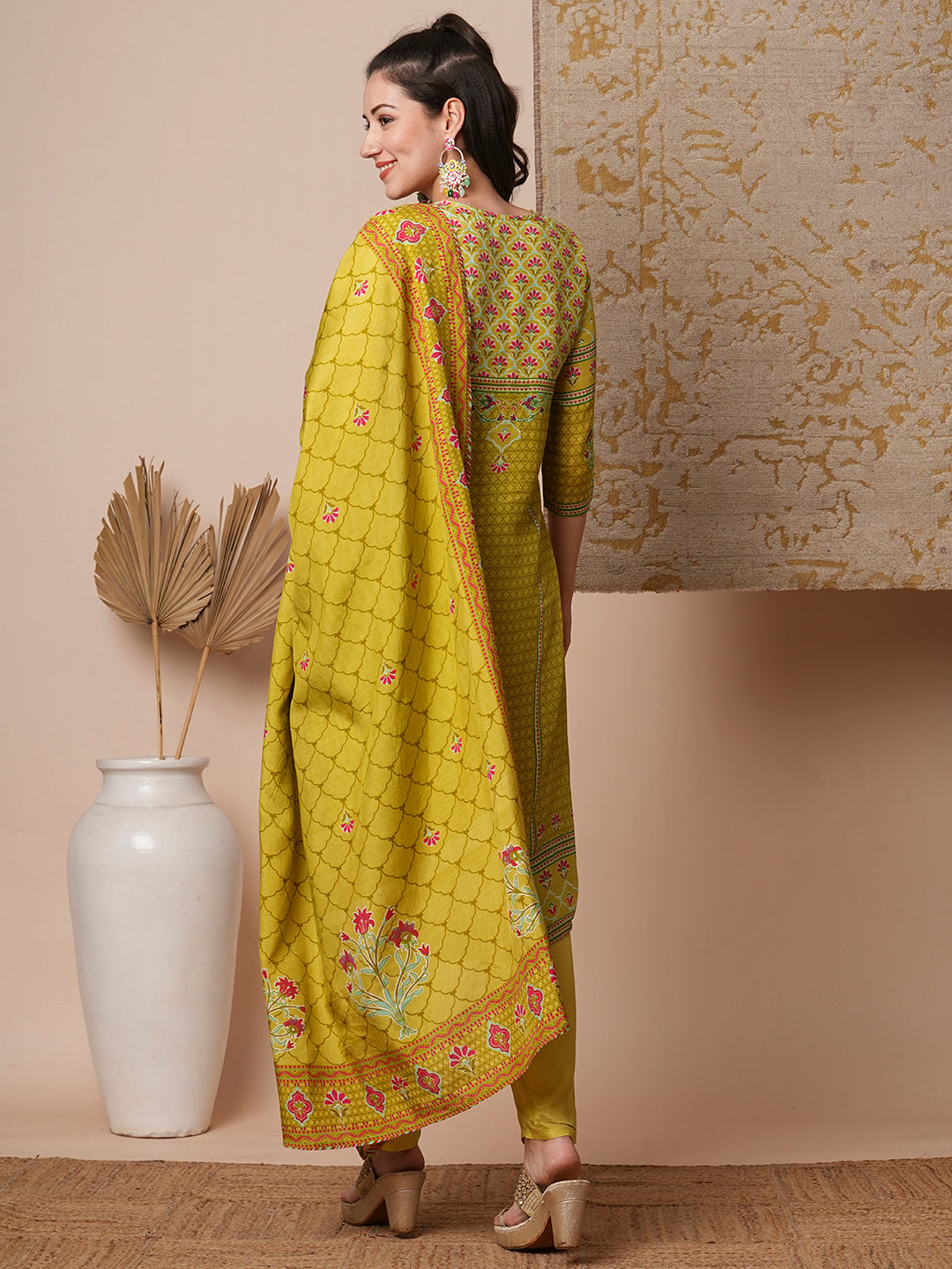 Ethnic Printed & Embroidered Straight Fit Kurta with Pant & Dupatta - Lime Green