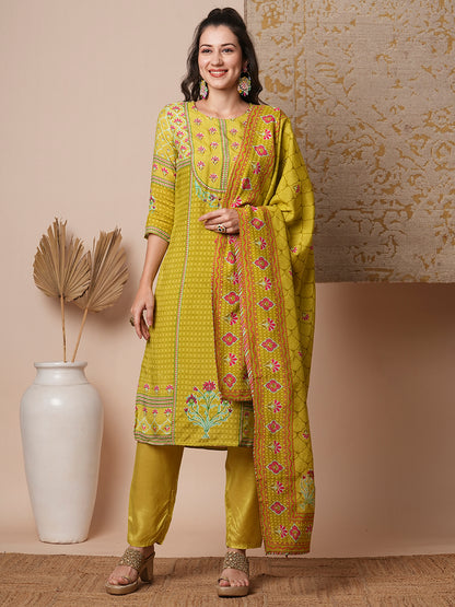 Ethnic Printed & Embroidered Straight Fit Kurta with Pant & Dupatta - Lime Green