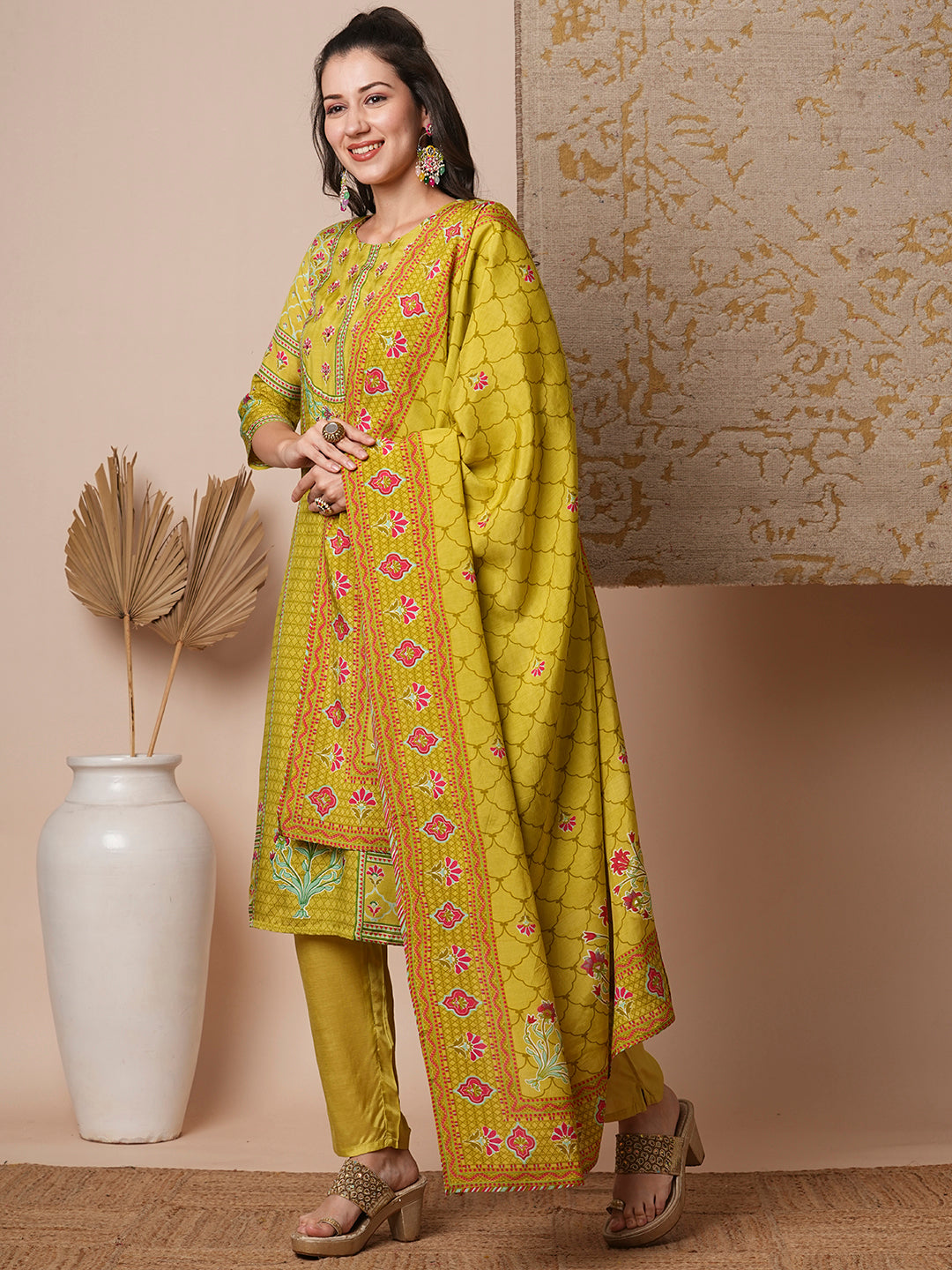 Ethnic Printed & Embroidered Straight Fit Kurta with Pant & Dupatta - Lime Green