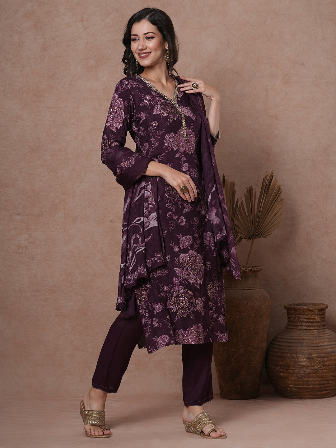 Floral Printed & Embroidered Straight Fit Kurta with Pant & Dupatta - Burgundy