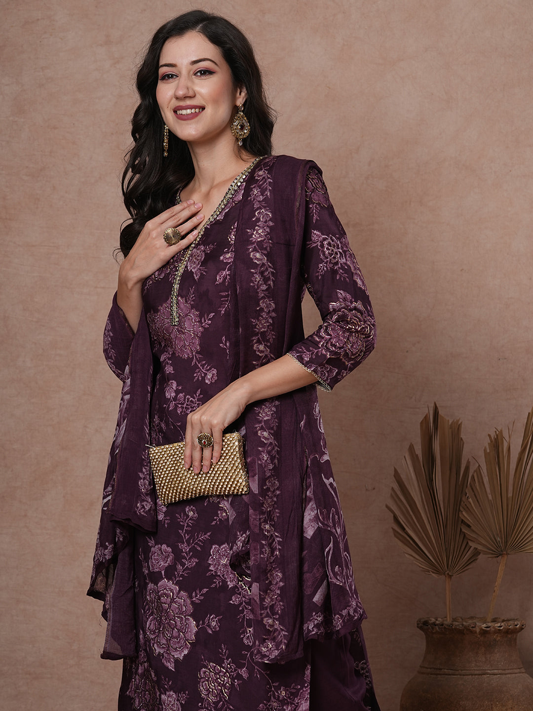 Floral Printed & Embroidered Straight Fit Kurta with Pant & Dupatta - Burgundy