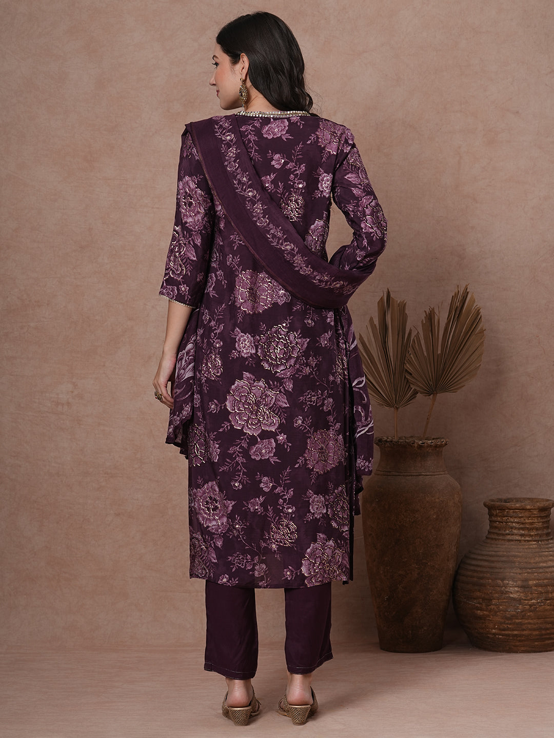 Floral Printed & Embroidered Straight Fit Kurta with Pant & Dupatta - Burgundy