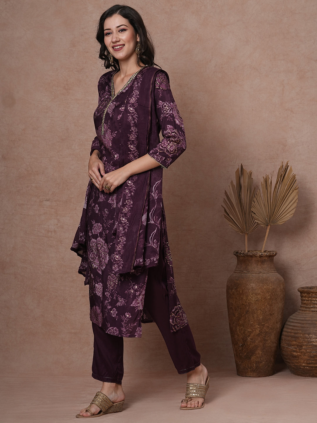 Floral Printed & Embroidered Straight Fit Kurta with Pant & Dupatta - Burgundy