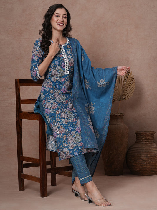 Ethnic Floral Printed Straight Fit Kurta with Pant & Dupatta - Blue