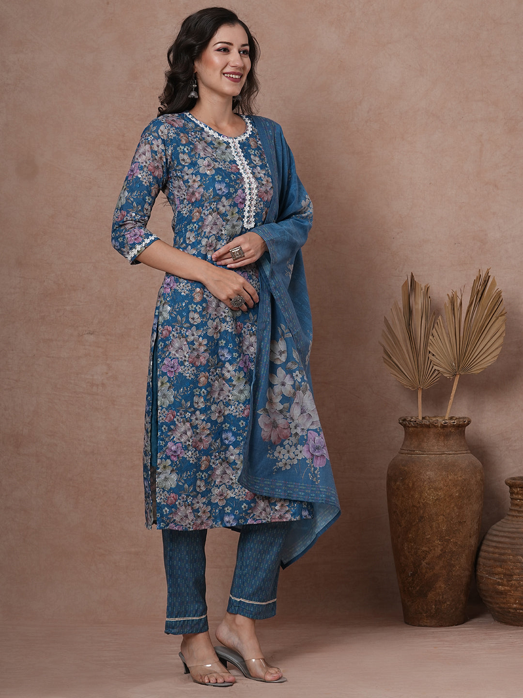 Ethnic Floral Printed Straight Fit Kurta with Pant & Dupatta - Blue