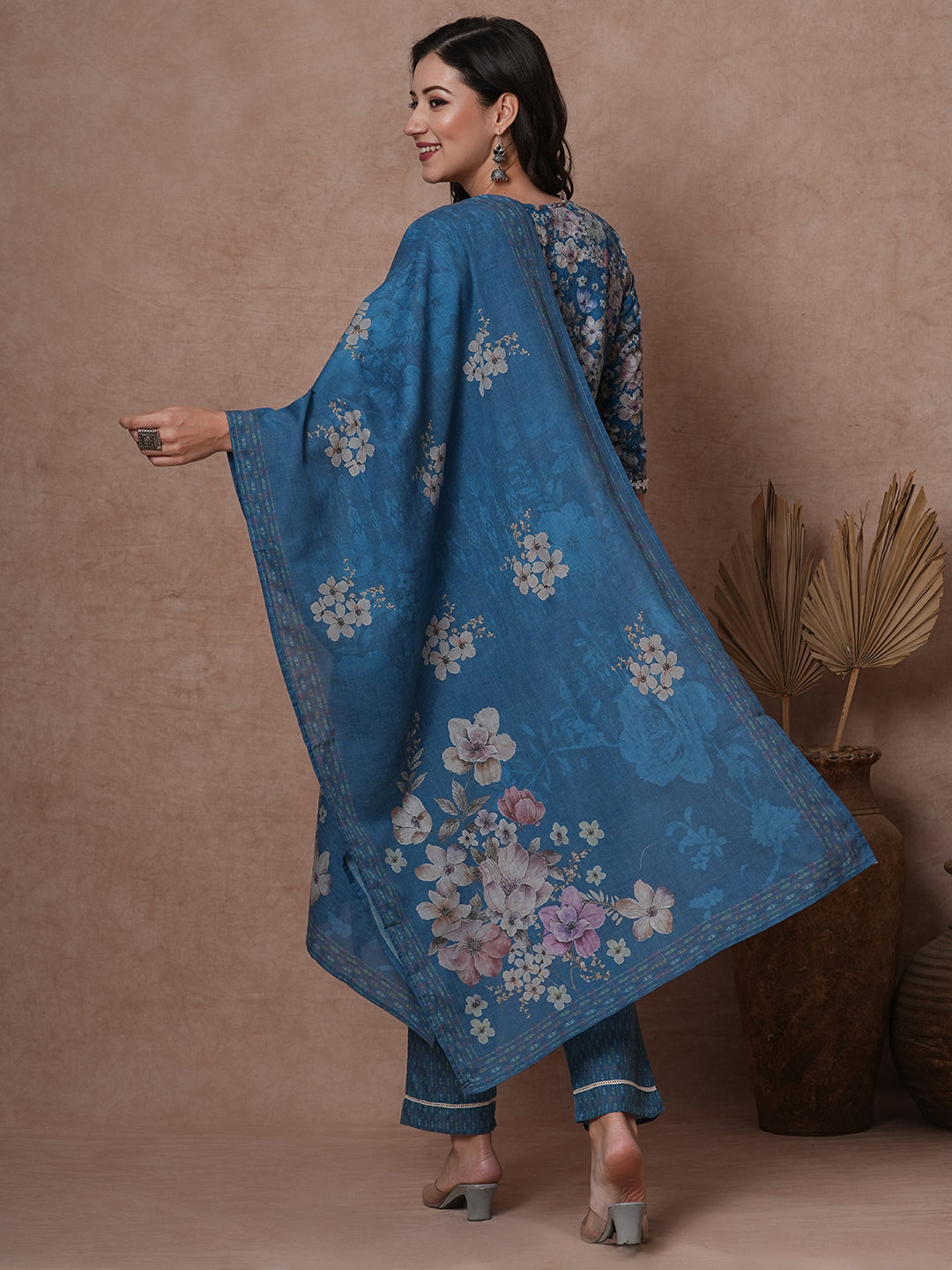 Ethnic Floral Printed Straight Fit Kurta with Pant & Dupatta - Blue