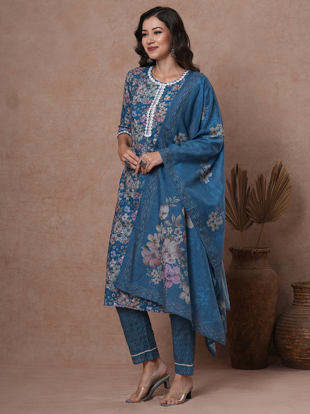 Ethnic Floral Printed Straight Fit Kurta with Pant & Dupatta - Blue