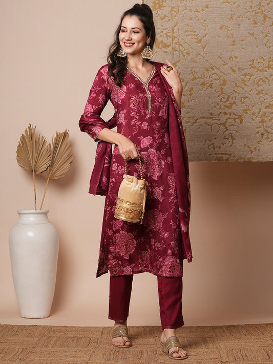 Floral Printed & Embroidered Straight Fit Kurta with Pant & Dupatta - Maroon